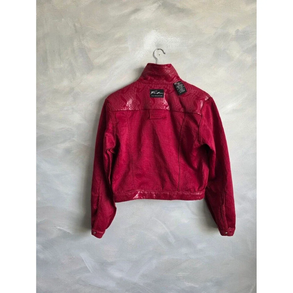 Vtg Fubu Red Faux Leather Textured Print Shine Cropped Jacket Button Up Sz 9/10